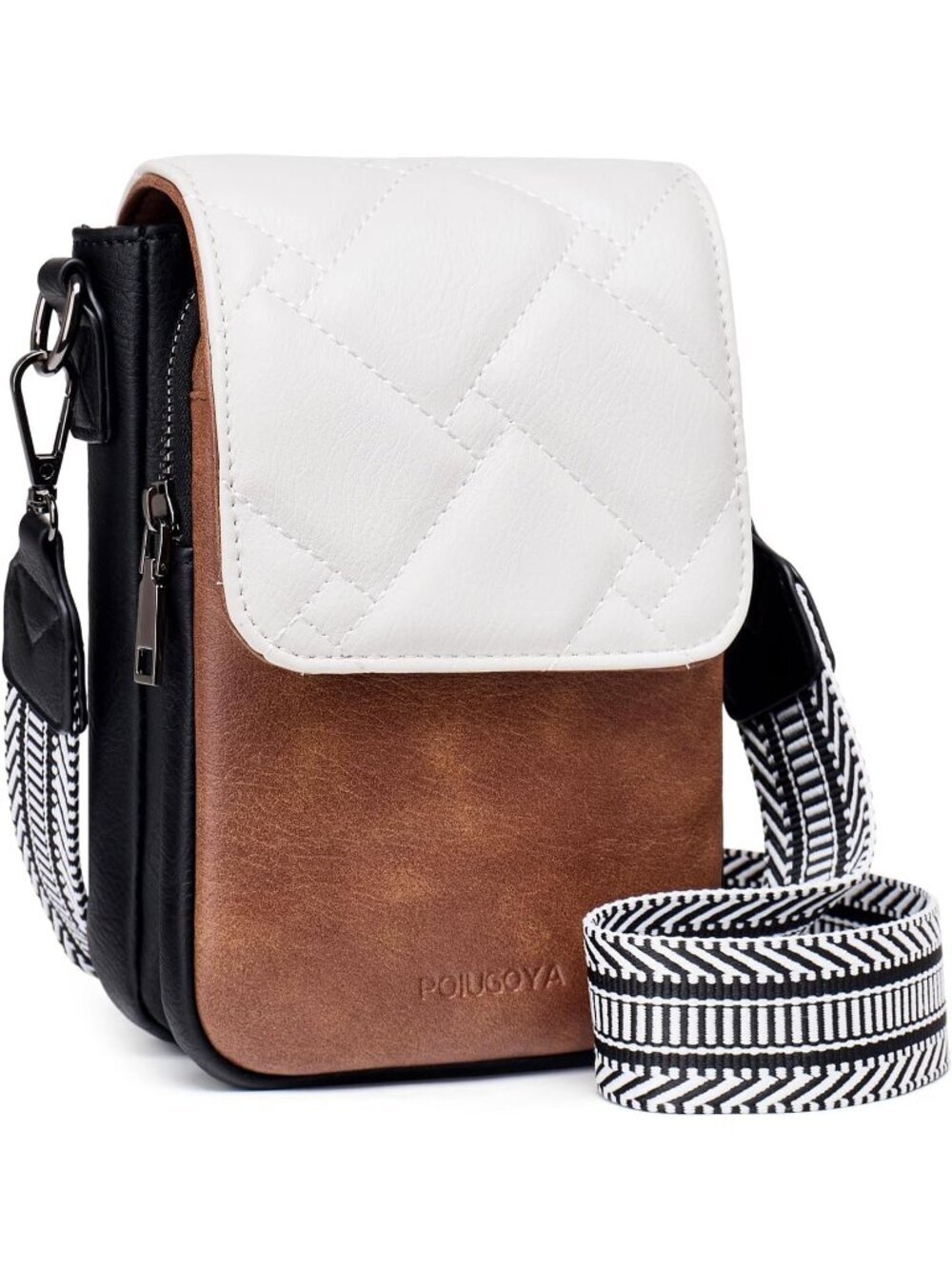 POIUGOYA Women's Beige Brown Leather Triple Compartment Cell Phone Crossbody Bag